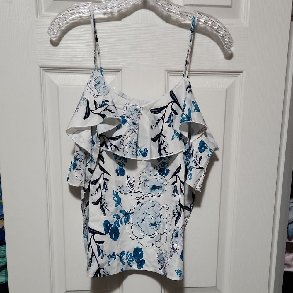Floral Ruffle White and Blue Women's Top
